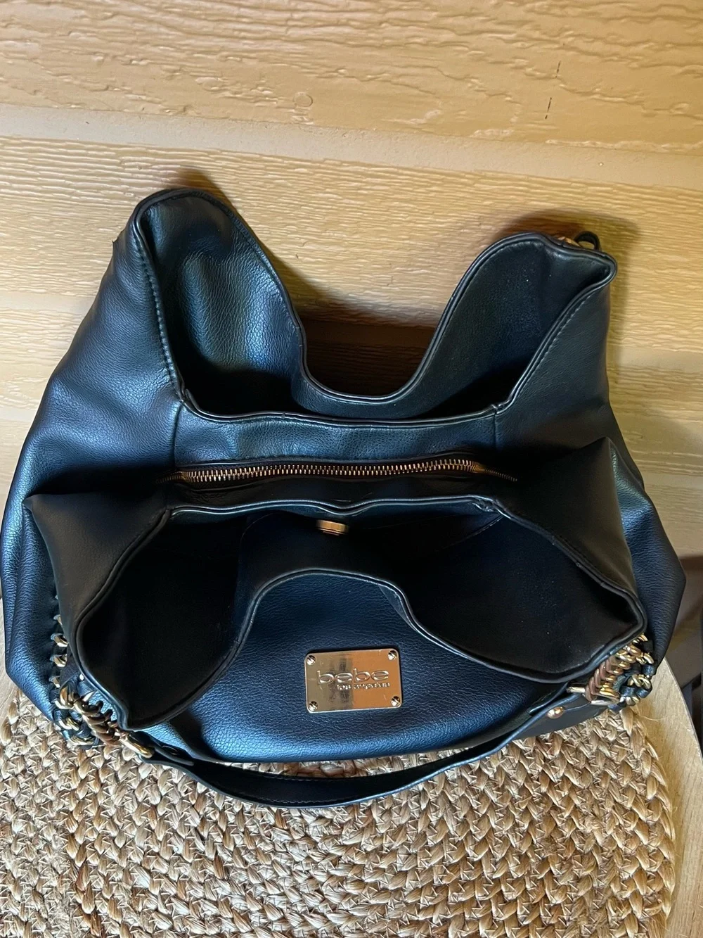 Bebe Black Colette Triple Entry Hobo Faux Leather Purse Gold Chains Large